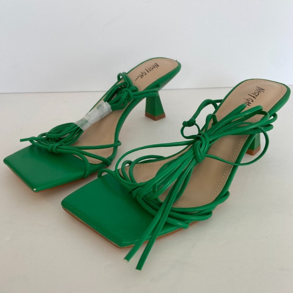 Nasty Gal Green Skinny Strap Square Toe Ankle Tie Midi Heels - Picture 4 of 9